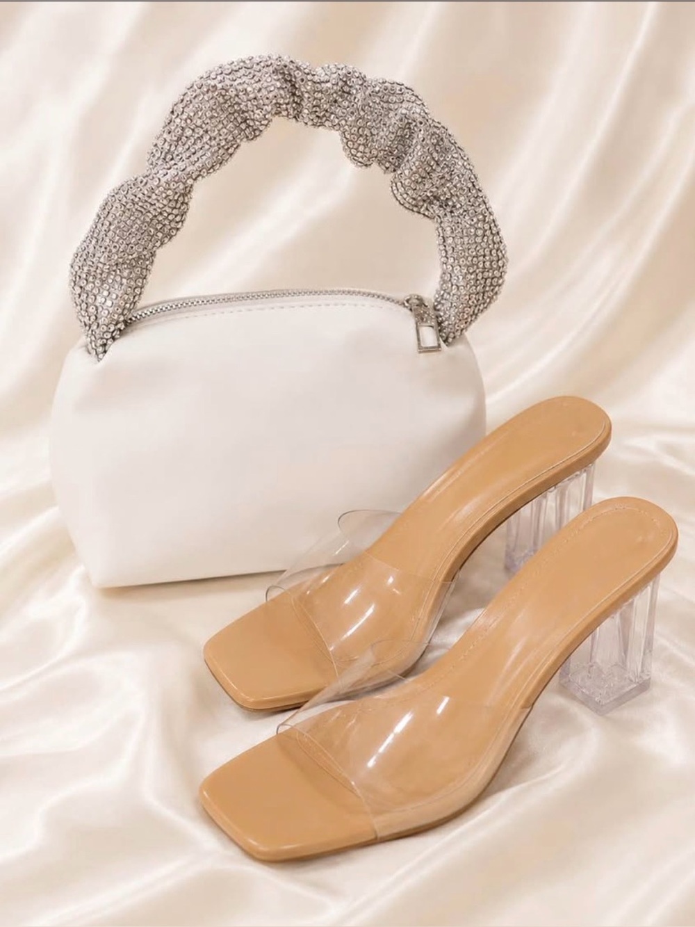 White Rhinestone Evening Bag + Clear Block Heel Set | 8.5–9